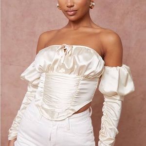 Pretty Little Thing Cream Satin Bardot Ruched Top